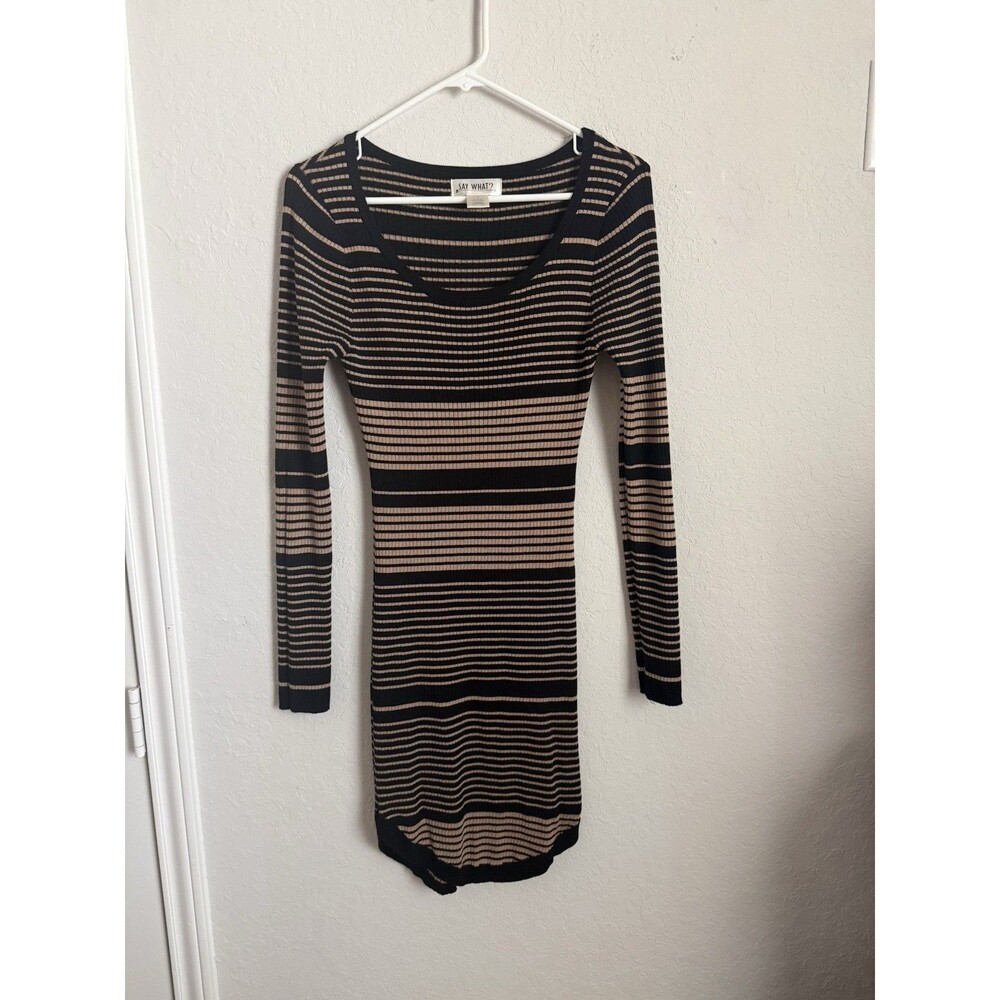 Say What? Women’s Black & Tan Striped Ribbed Long Sleeve Bodycon Dress Sz L